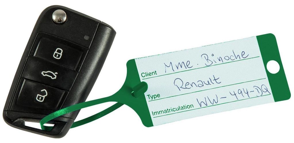 Schlüsselanhänger "Fix", mit Bedruckung, flache und schmale Schlaufe, mit Steckverschluss, in praktischer Spenderbox, 210 x 35 mm, Sprache Franz...