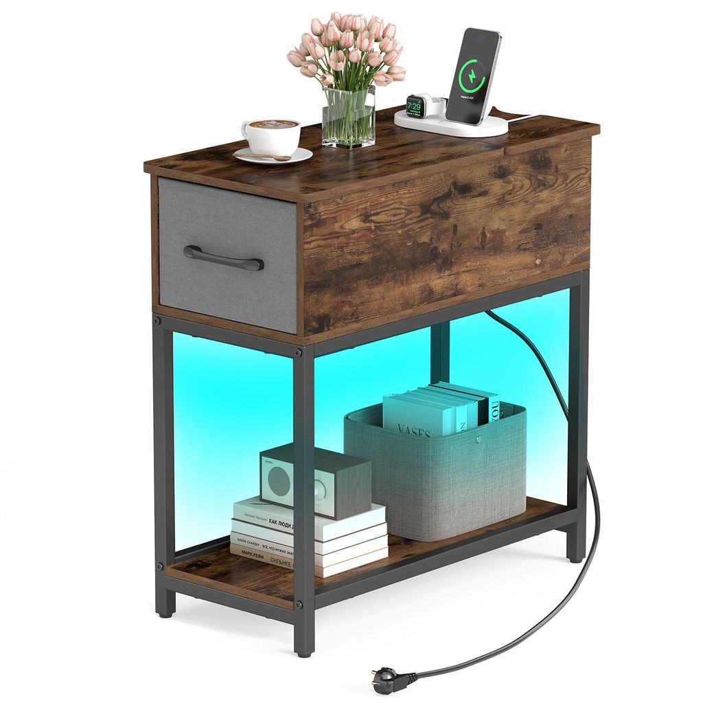 COSTWAY Beistelltisch mit Ladestation, Nachttisch mit LED-Leuchten & Stoffschublade & offenem Fach, Sofatisch schmal, Rustikal Braun
