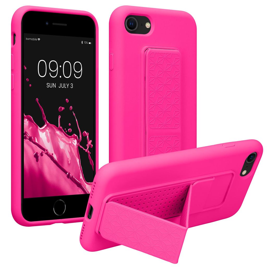 kwmobile Handyhülle für Apple iPhone SE (2022) / SE (2020) / 8 / 7 Hülle - TPU Silikon Case mit Fingerhalter und Stand - Schutzhülle Cover in Neon
