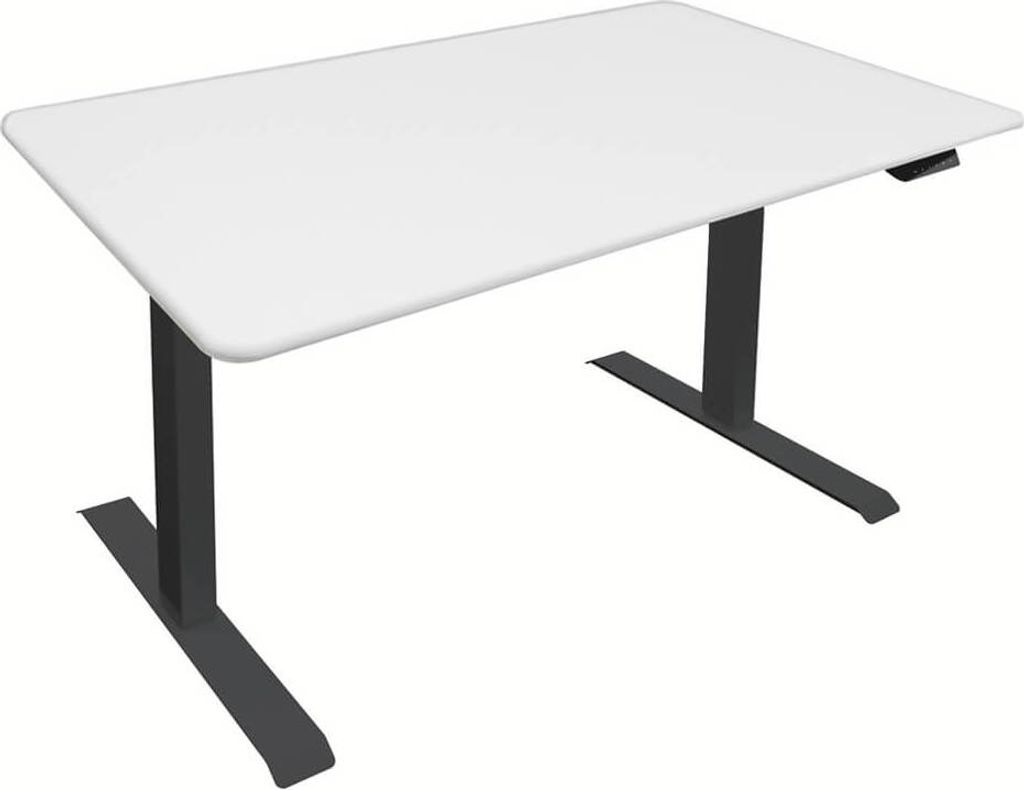 A white desk with black legs on a white background.