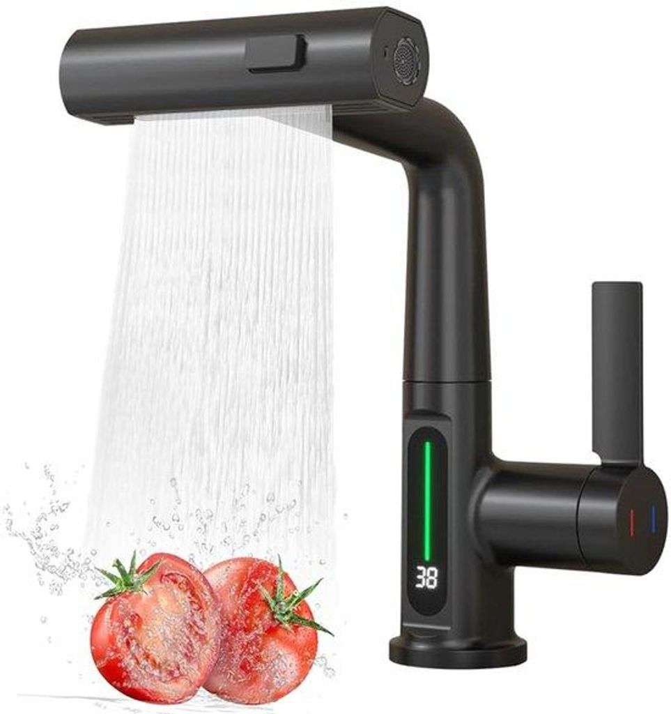 Moderne Küchenarmatur mit ausziehbarer Sprinkler und LED-Temperaturanzeige