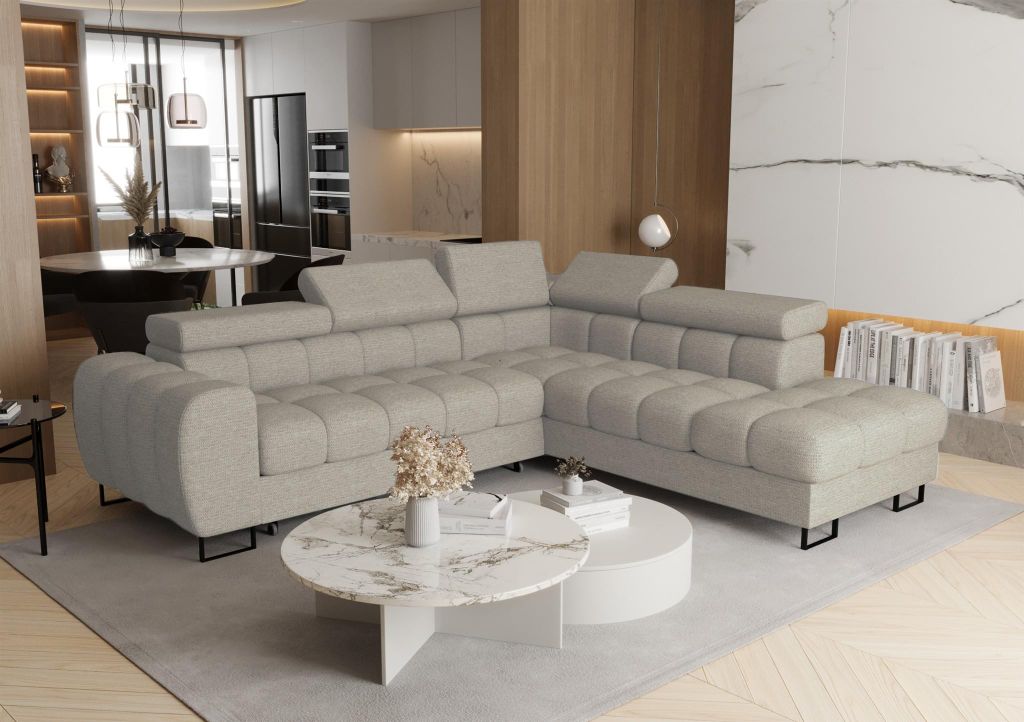 Ecksofa Schlafsofa BASTIEN MAX in Stoff Primo Beige Ottomane Rechts