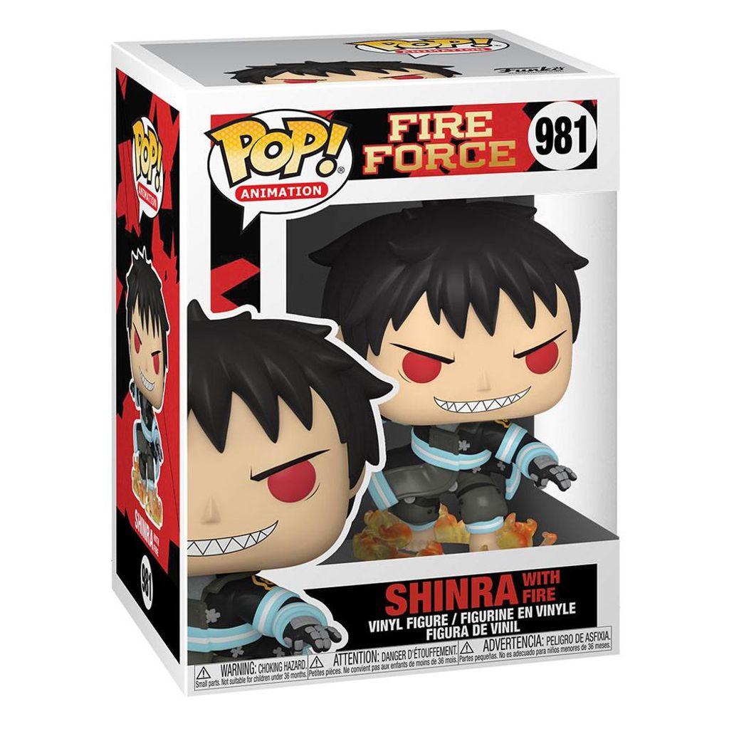 A Funko Pop! vinyl figure of Shinra Kusakabe from Fire Force, displayed in its original packaging.