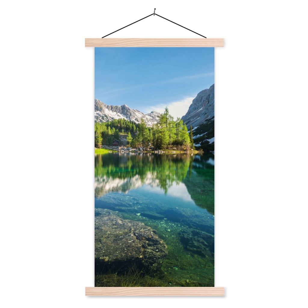 MuchoWow Textilposter Wasser - Berge - Felsen 60x120 cm mit holzfarbenen Rahmen - Holz
