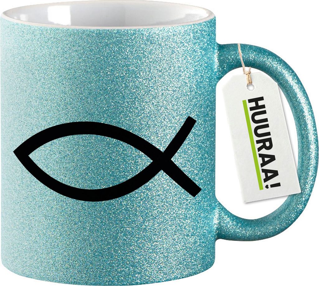 Huuraa Glitzertasse Fisch Symbol 330ml Blau Keramik Kaffeebecher Geschenkidee