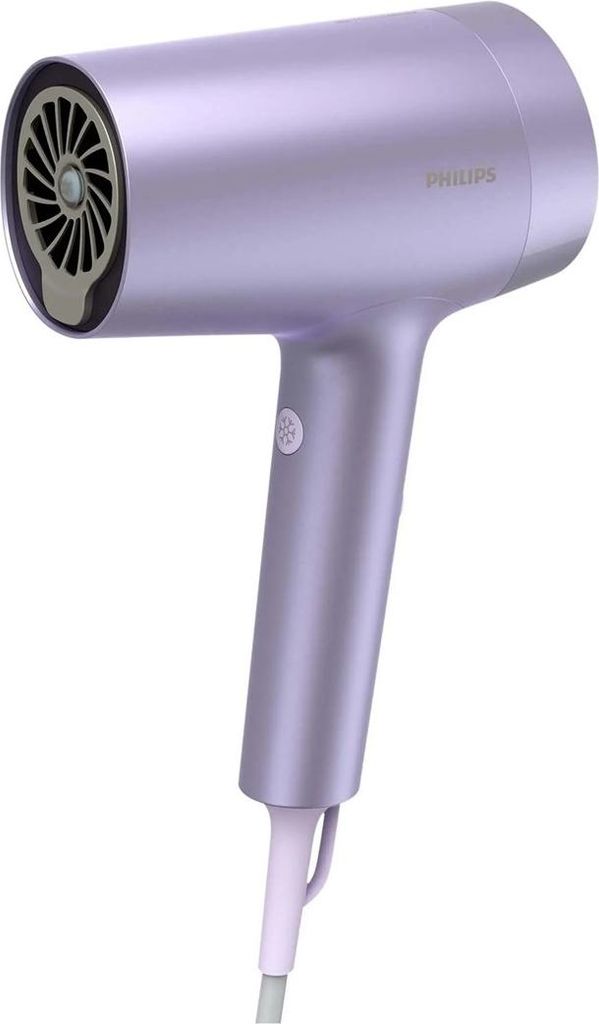 A studio shot of a purple Philips hair dryer against a white background.