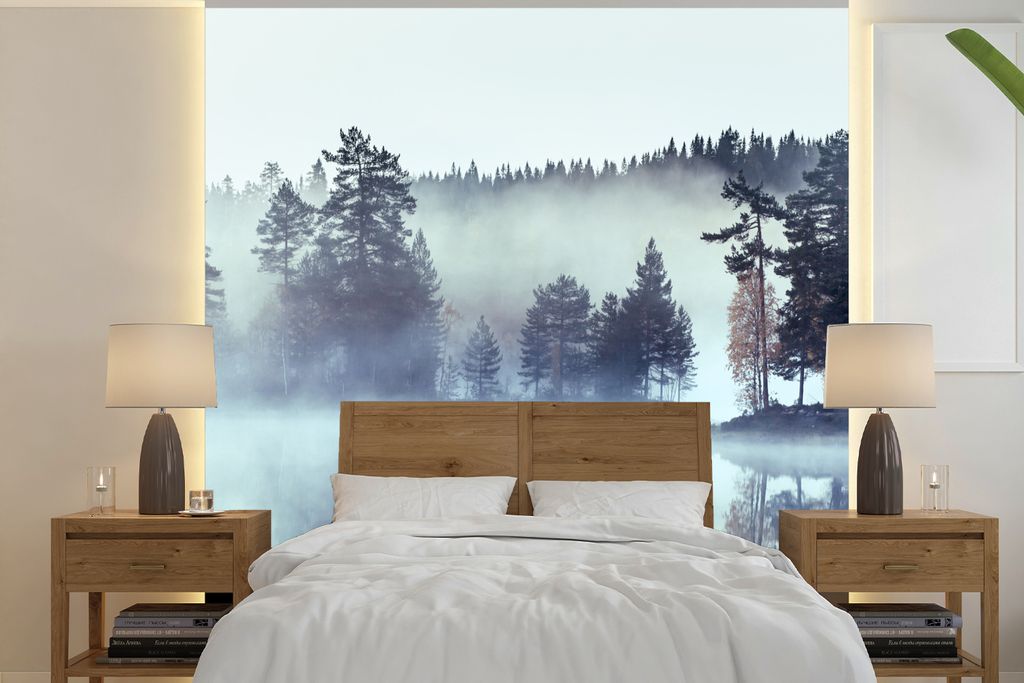 MuchoWow Fototapete für Wohnzimmer oder Schlafzimmer Wandtapete Vinyl Motivtapete Wald - Nebel - Winter - 300x300 cm - Wanddekoration