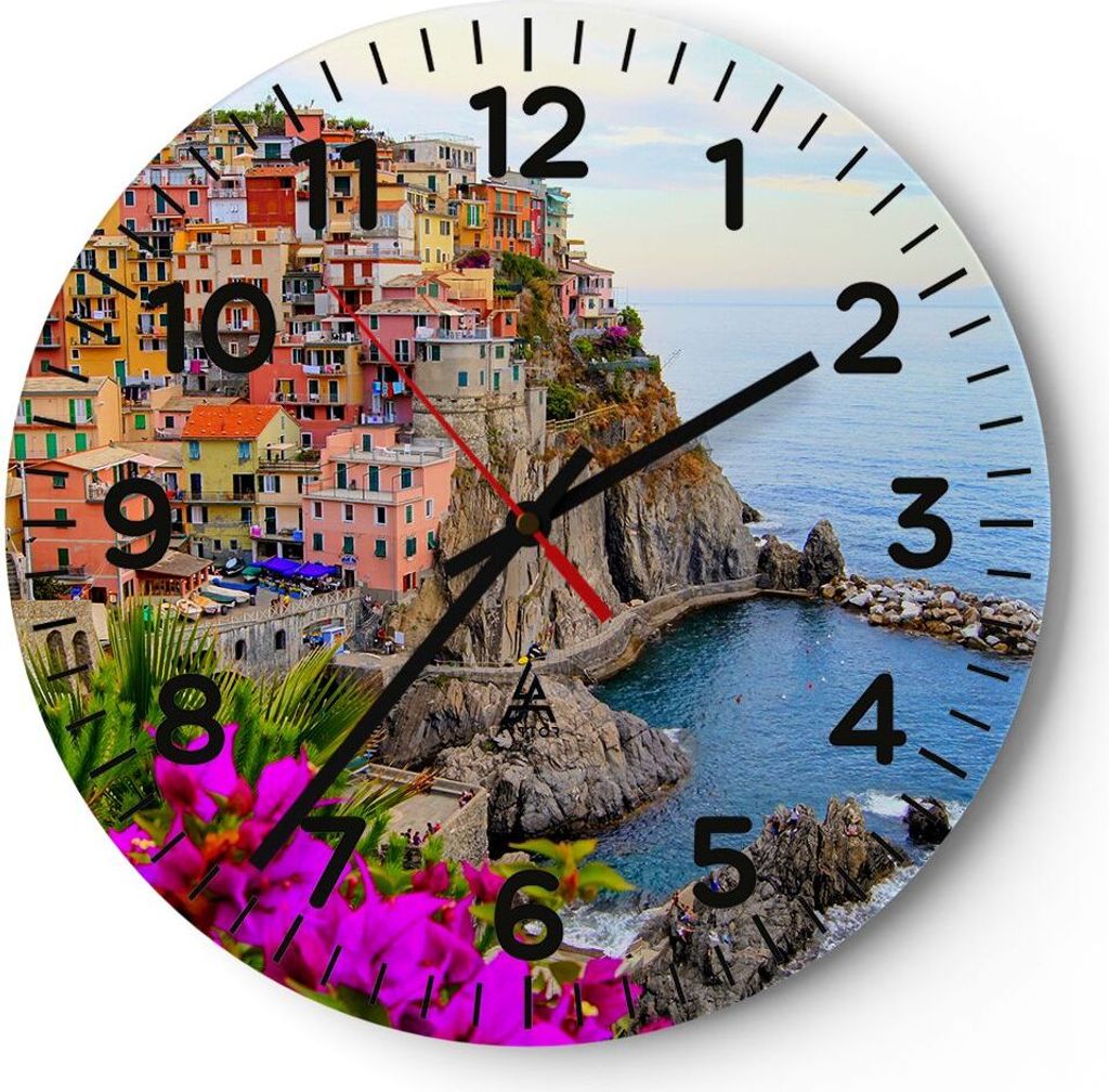 Wanduhr - Rund - Glasuhr - Italien küste felsen landschaft - 40x40cm - Schleichendes Uhrwerk - Lautlos - zum Aufhängen bereit - Dekoration Modern...