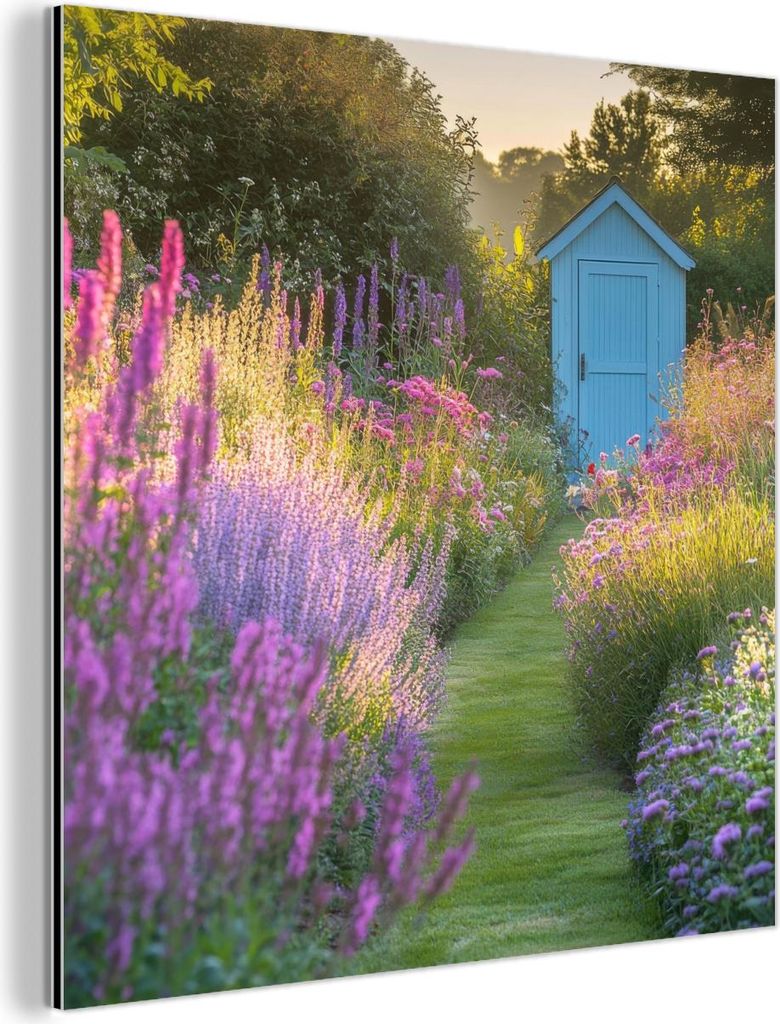 MuchoWow Wanddekoration Metall Metallbild Wandkunst 50x50 cm Gartenhaus - Blau - Blumen MuchoWow Aluminium Gemälde - Alubild - Industrial