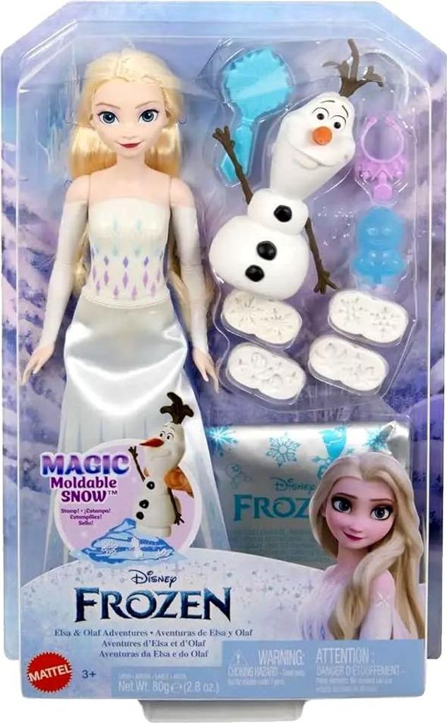 A toy doll set featuring Elsa and Olaf from Disney's Frozen, presented in its retail packaging.