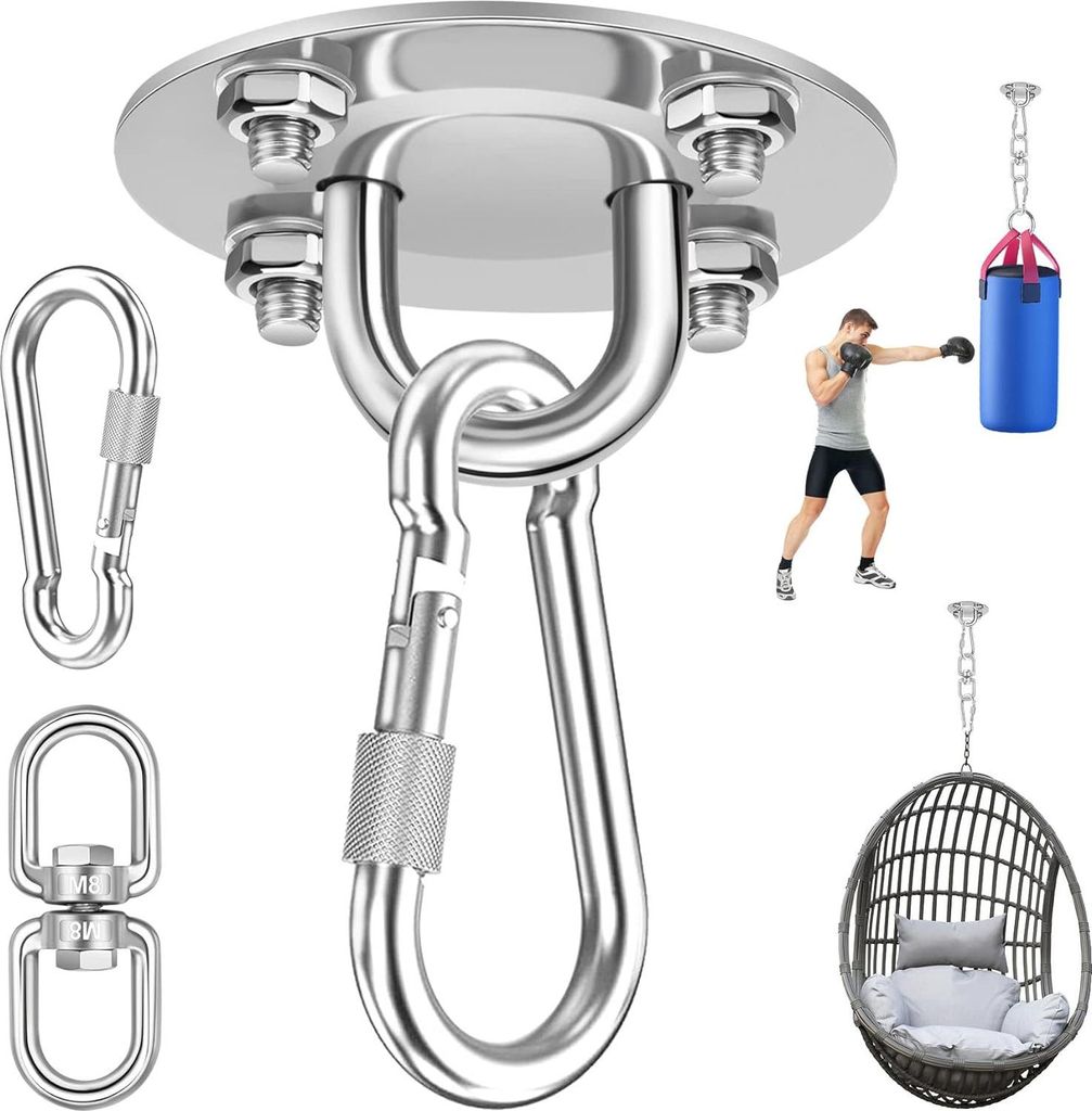 Edelstahl-Deckenhaken - 360 Grad drehbar - hohe Belastung - 1 Stück - für Hängesessel, Boxsack, Yoga, Hängematte