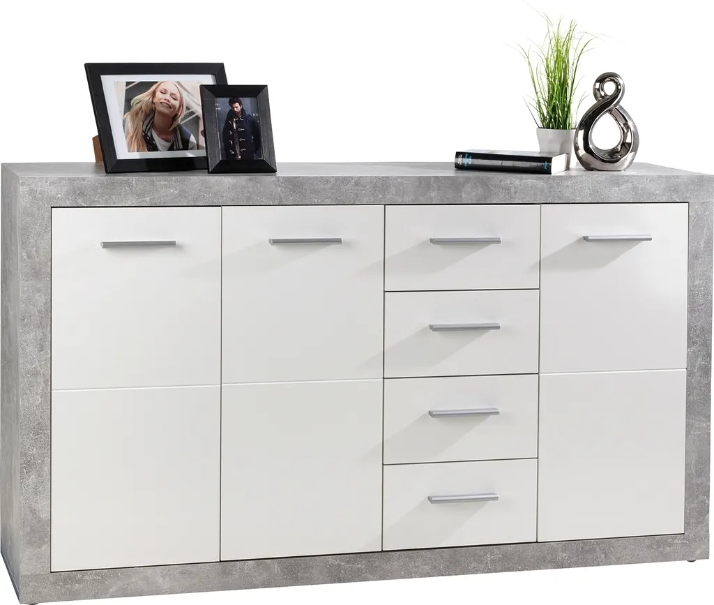 Buffet laqué blanc brillant style industriel béton avec rangements - 4