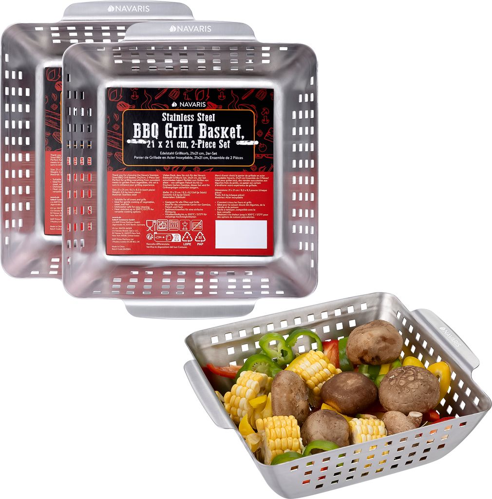 Navaris Edelstahl Grillschale 2er Set - Grillkorb Gemüse - Grillpfännchen für Grill - Grill Schale für Gemüse - Hervorragende Hitzespeicherung...