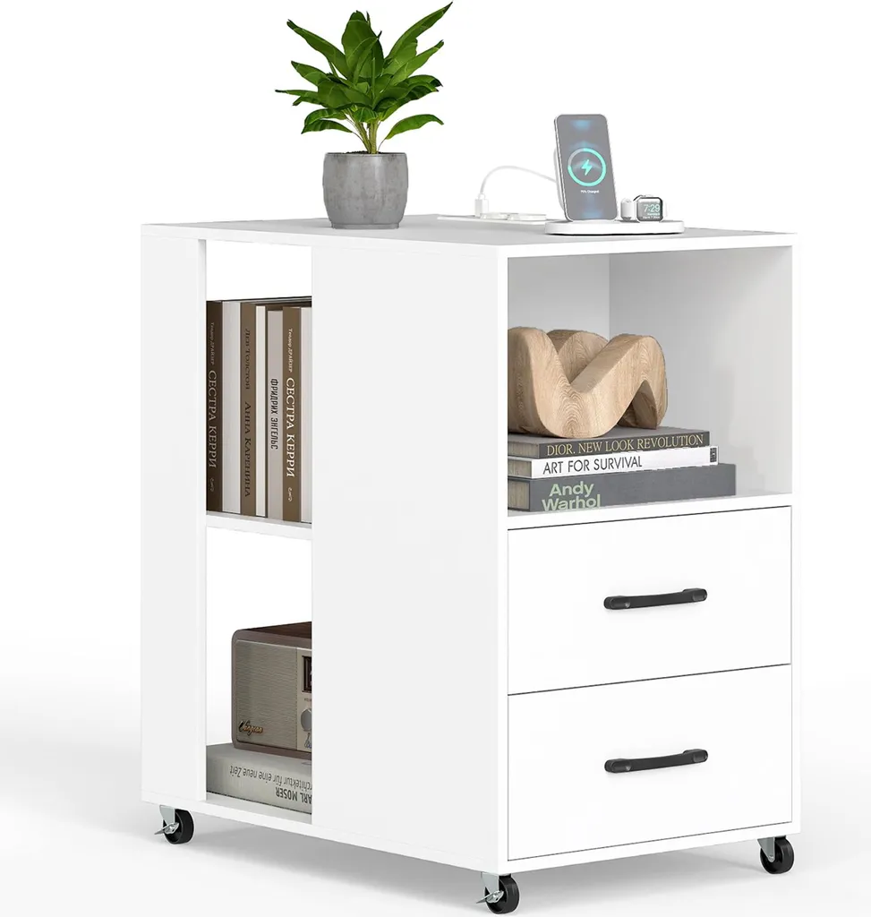 Tavolino COSTWAY con rotelle, comodino con prese di corrente, 2 cassetti e ripiani aperti, comodino, 60 x 40 x 65,5 cm (bianco)