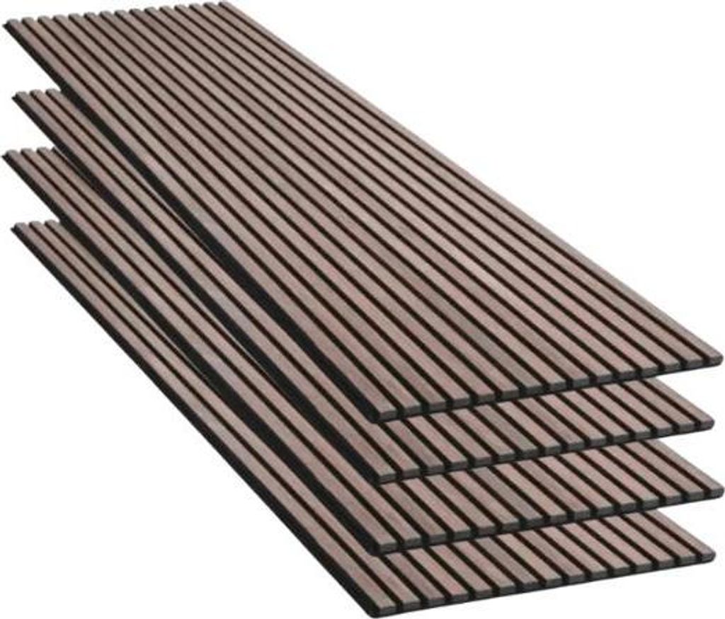 4er-Set Akustikwandpaneele – Leisten in Nussbaumoptik – schwarzer Hintergrund – 240 x 60 x 2,2 cm