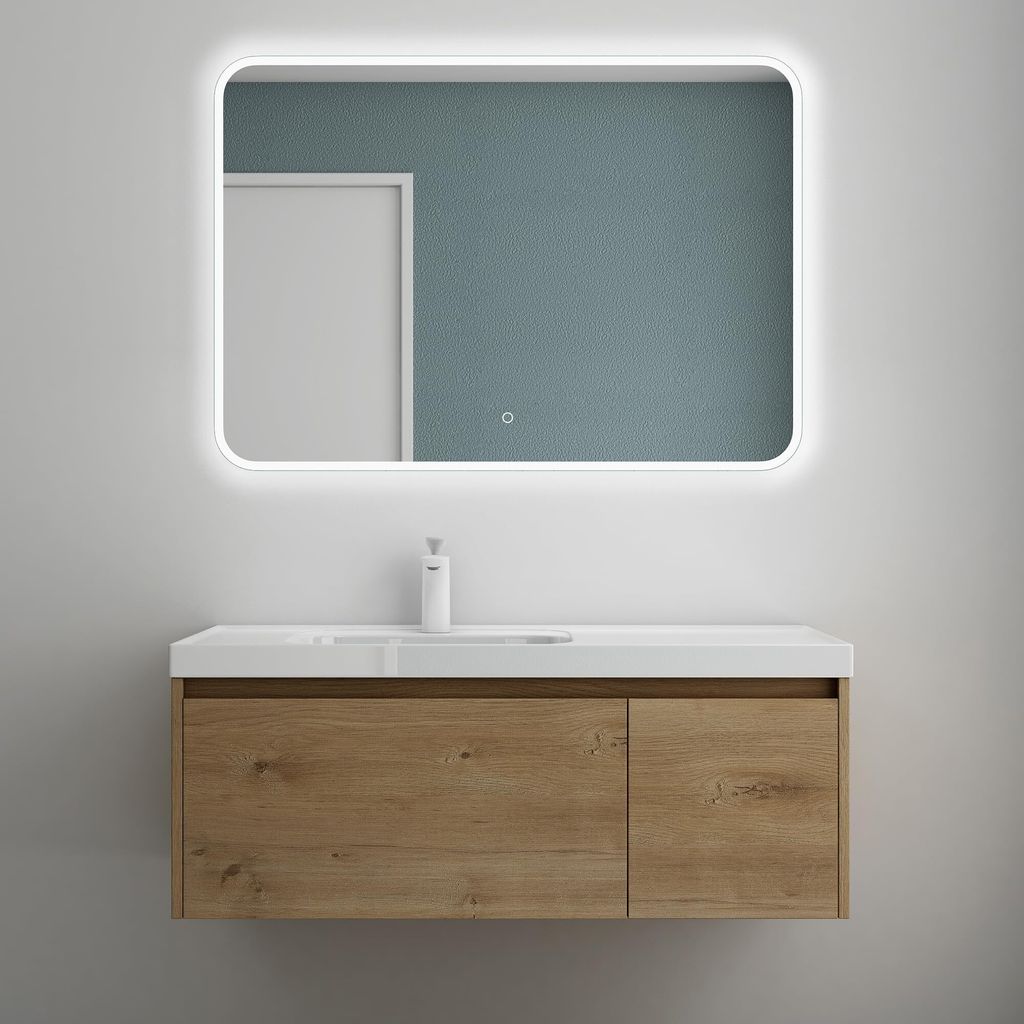 Mai & Mai Badmöbelset Badezimmermöbel Kerneiche Waschbeckenunterschrank 100 cm mit Waschschbecken aus Mineralguss und LED-Badspiegel Salerno