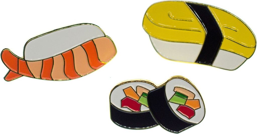 3x Sushi Set Broschen Miniblings Japanische Spezialität Fisch Maki Metall