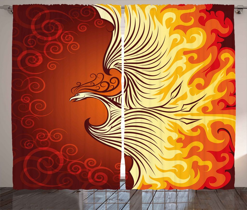 ABAKUHAUS Orange Rustikaler Gardine, Phoenix-Vogel in Flammen, Schlafzimmer Kräuselband Vorhang mit Schlaufen und Haken, 280 x 245 cm, Orange Gelb