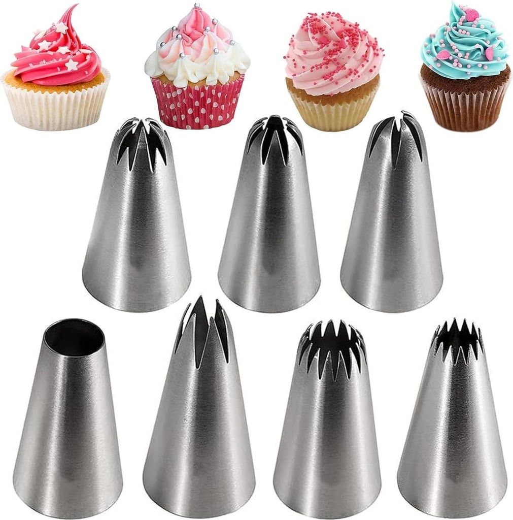 Große Spritztüllen, wiederverwendbare Spritzbeutel, nahtloser Edelstahl-Spritztüllen-Set für Cupcakes, Kekse, Kuchen, Dekoration, 7 Stück