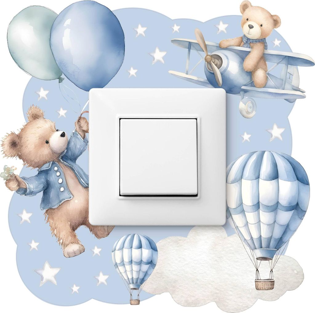Muralo Wandtattoo-Lichtschalter TEDDYBÄREN Luftballons Sterne Wolken 20x20cm Sticker für Kinderzimmer