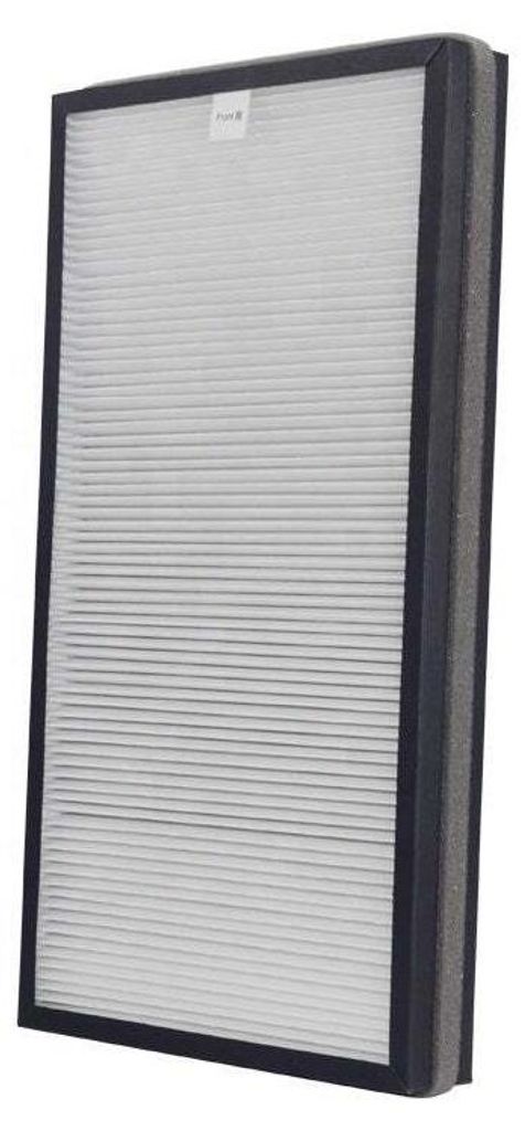 A rectangular air filter with pleats and a black frame.