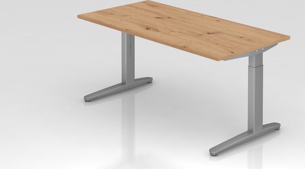 Schreibtisch Mika | Asteiche | Silber Gestell | BxT 160x80cm | Arbeitshöhe 65-85cm | höhenjustierbar, 1cm Raster | C-Fuß-Gestell | Rechteckform