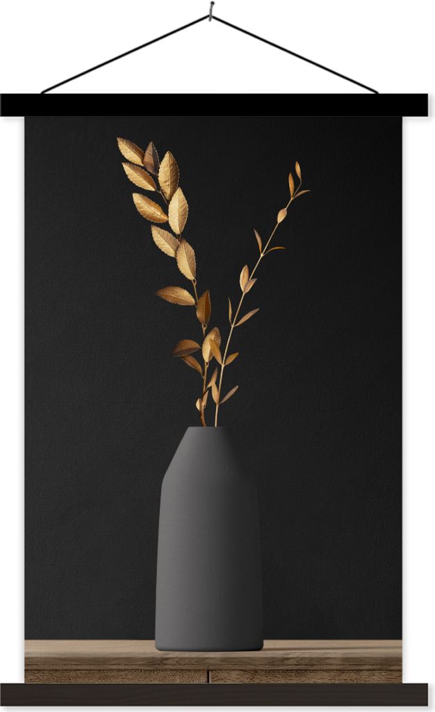 MuchoWow Textilposter Blätter - Stilleben - Gold 60x90 cm mit schwarzem Rahmen - Poster Wohnzimmer
