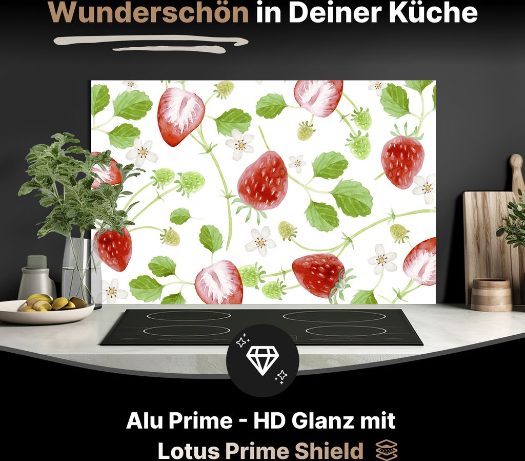 Spritzschutz Küchenrückwand aus Aluminiumverbund Glanz - 3mm - 80x60 cm - Aquarell Erdbeeren Hintergrund