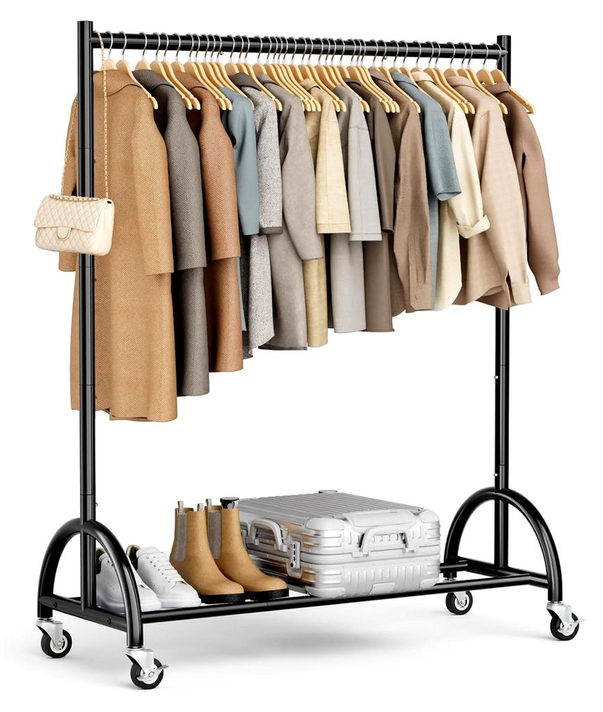 Schwerlast Kleiderständer mit Rollen für das Schlafzimmer, Metall Kleiderstange mit Ablage, mobile Garderobenstange, stabiler Kleiderwagen für K...