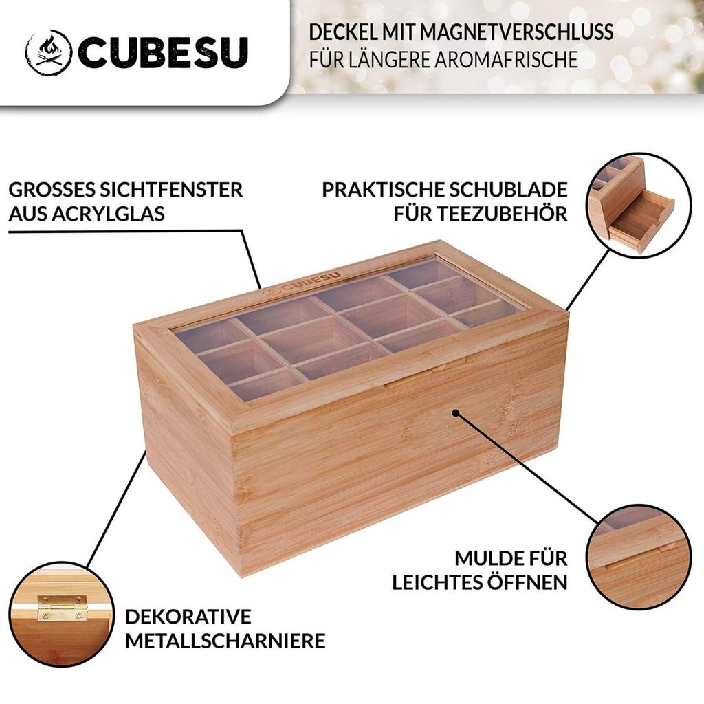 Premium Holz Teebox 12 Fcher mit Sichtfenster & Schublade