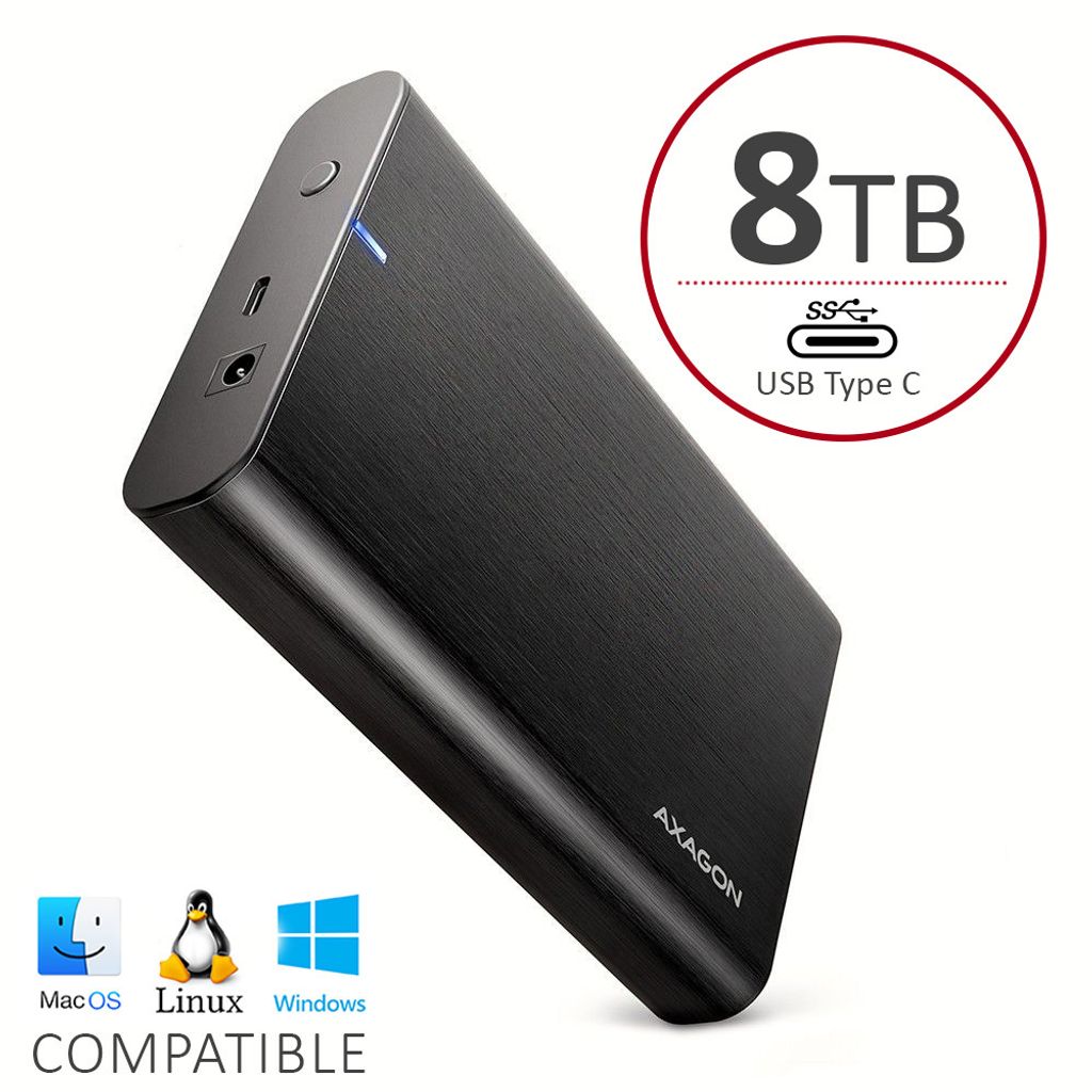 Externe HDD AXAGON Aluminium 8TB USB-C 5Gbps 3,5" 8000GB für Mac, PC, Backups