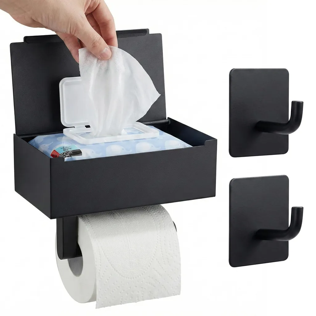 Rangement papier WC et lingettes humides mural noir pour salle de bain