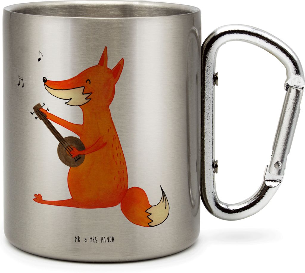 Mr. & Mrs. Panda Trinkbecher Edelstahl Fuchs Gitarre - Transparent - Geschenk, Edelstahltasse, glücklich, Musik, Karabiner Becher, Singen, Thermob...
