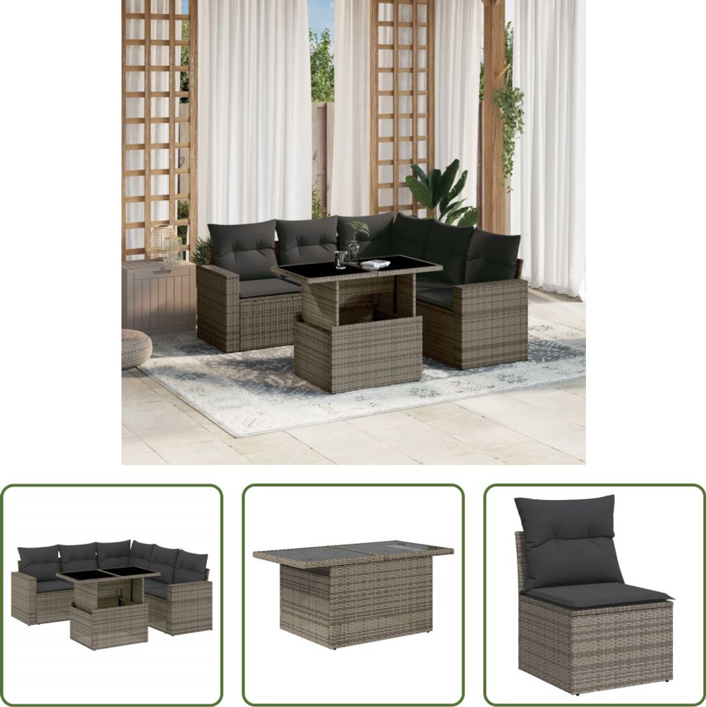 The Living Store 6-tlg. Garten-Sofagarnitur mit Kissen Grau Poly Rattan