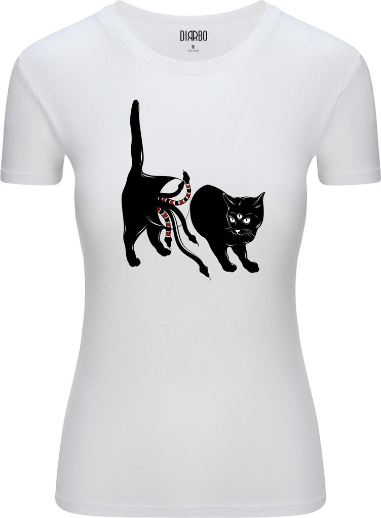 Diarbo Damen T-Shirt mit Abstraktem Druck Katze mit drei Augen Weiß Gr.S