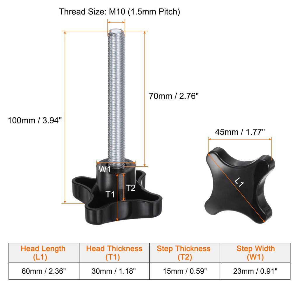 2 Stš¹ck R?ndelschrauben mit Kreuzgriff M10 x 70mm Sterngriffschraube Kunststoff Knopf Verzinkter Kohlenstoffstahl Gewinde Klemmschraube Sterngri...