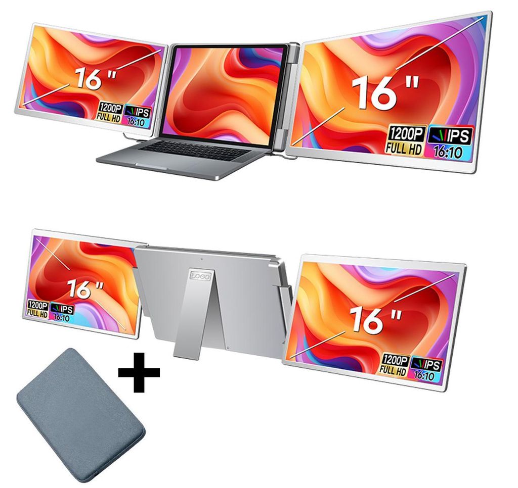 Stemap Tragbarer Triple-Monitor Full HD für 12–18,5 Zoll Laptops, Tri-Screen Bildschirmerweiterung, inklusive Schutzhülle und Kabel