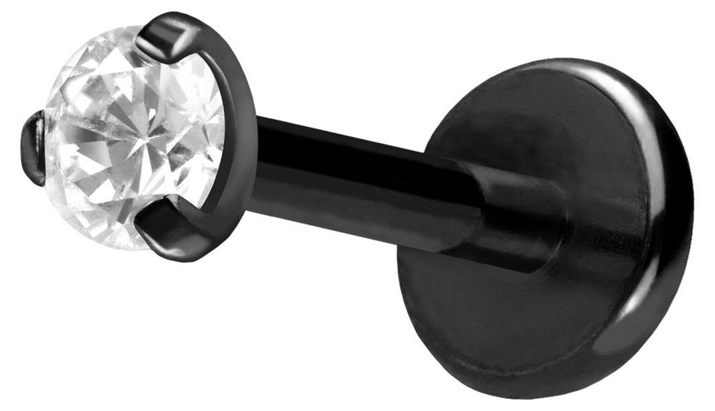 Ohrpiercing, Nasenpiercing Titan Labret mit Push Fit EINGEFASSTER KRISTALL Schwarz Stablänge: 9mm | Stabstärke: 1mm | Kristallgröße: 2mm