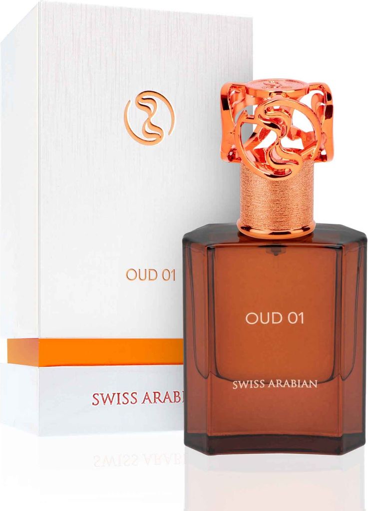 A bottle of Swiss Arabian Oud 01 perfume and its packaging.