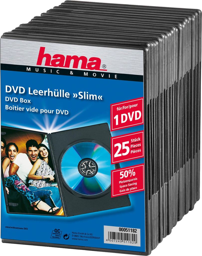 1x25 Hama DVD Blank Case Slim 50% risparmio di spazio 51182 Immagine del prodotto 