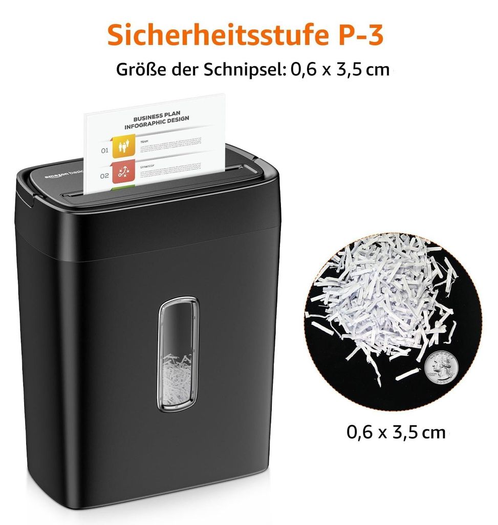 Amazon Basics Aktenvernichter 12 Blatt Papier & Produktbild 