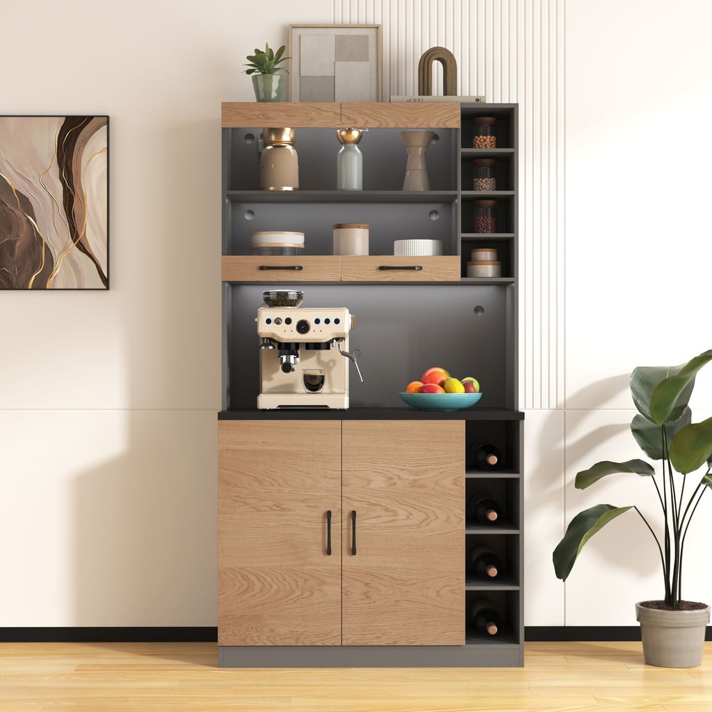 A modern kitchen cabinet with a coffee machine, fruit bowl, and wine rack.