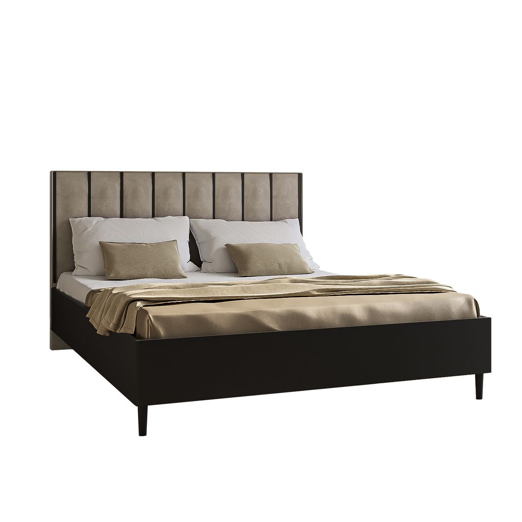 Doppelbett Luk I 160 x 200 cm ohne Matratze Bett mit Lattenrost Jugendbett Kopfteil mit Bettkasten ohne Nachttisch (schwarz, Jasmine 21 – beige)