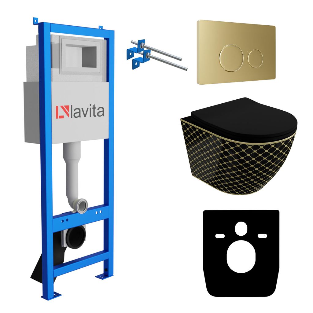 Lavita LAV 101 Vorwandelement für WC 40cm + Wand Hänge Tiefspül WC SOFI SLIM BLACK NIGHT Spülrandlos + Bedienplatte LAV 200.4.5 Gold | Komplett...
