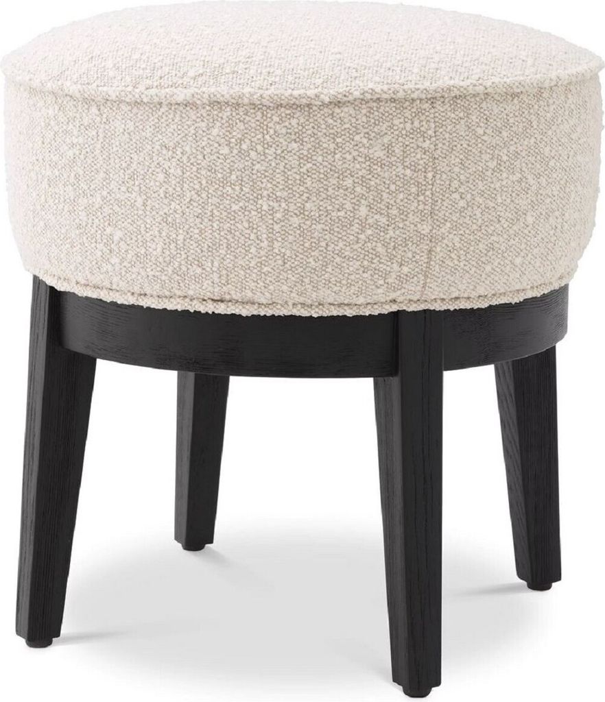 Casa Padrino Luxus Hocker Cremefarben / Schwarz Ø 45,5 x H. 47 cm - Runder Wohnzimmer Sitzhocker - Moderner Rundhocker - Luxus Möbel
