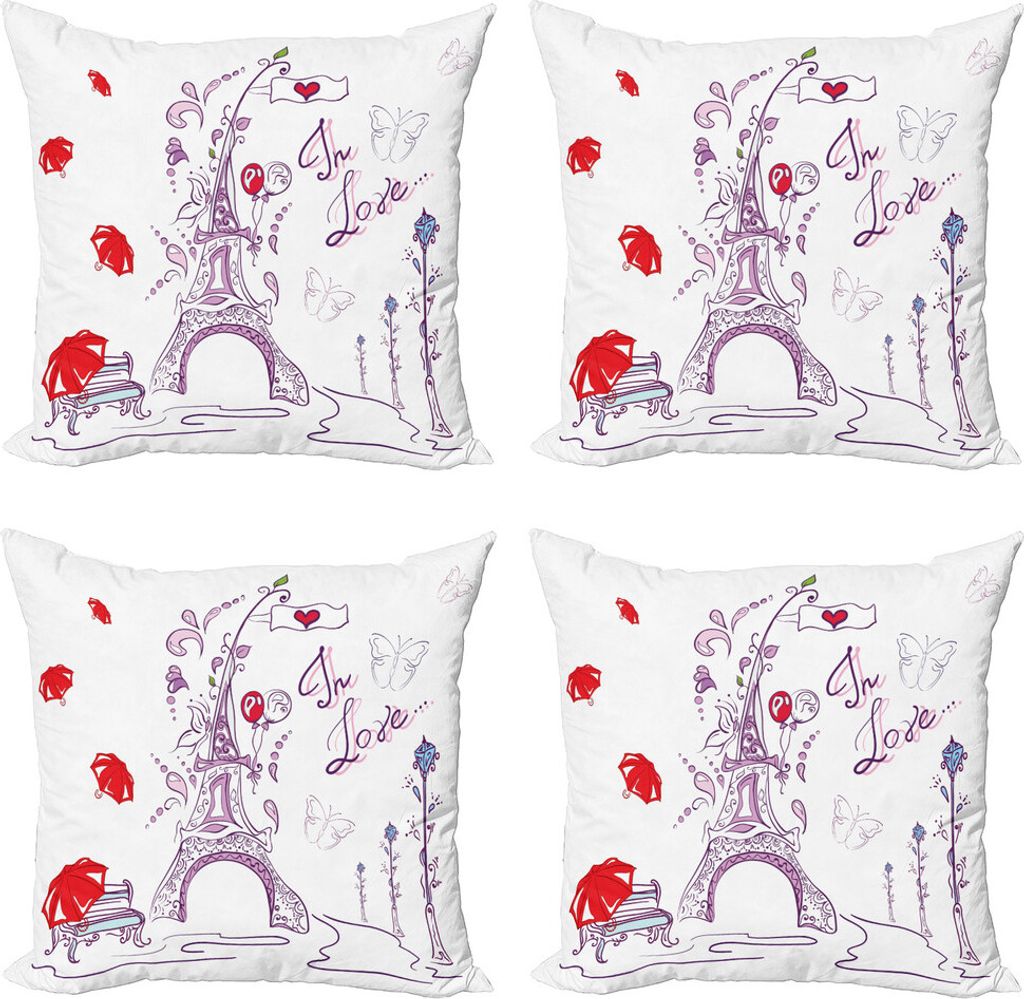 ABAKUHAUS Eiffelturm Kissenbezug Set (4 Stück), Doodle Romantisches Paris, Moderner Doppelseitiger Digitaldruck, 40 cm x 40 cm, Lila Red Pale Blue