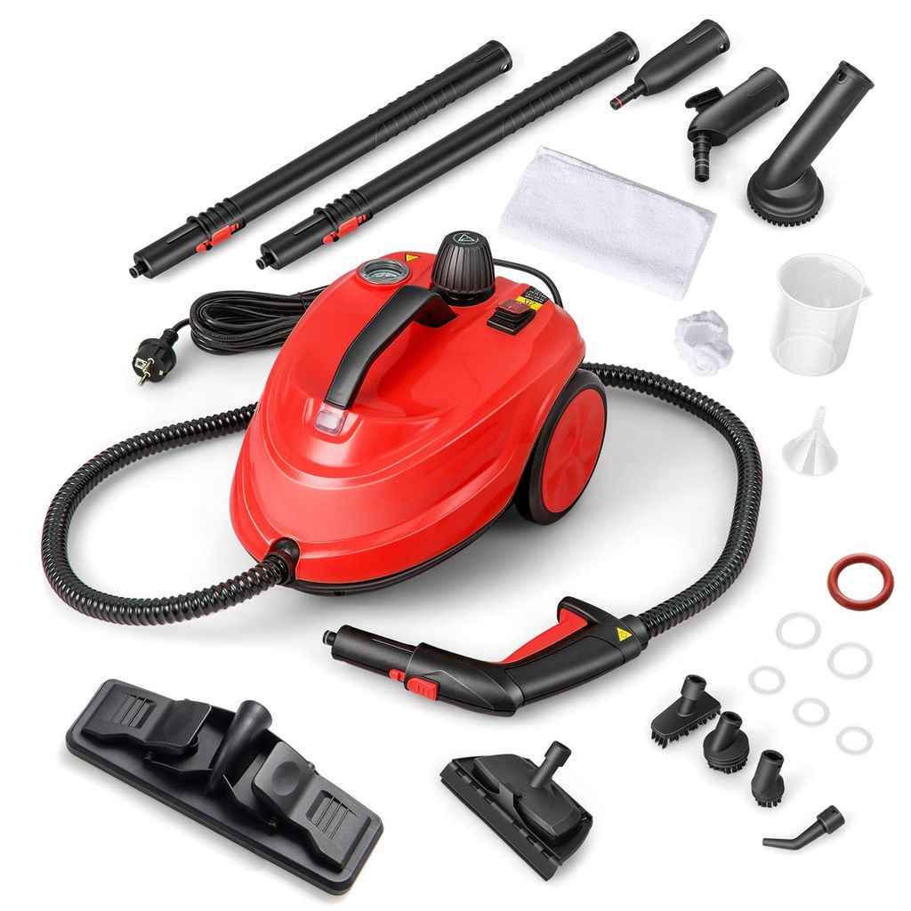 A red steam cleaner with various accessories laid out on a white background.