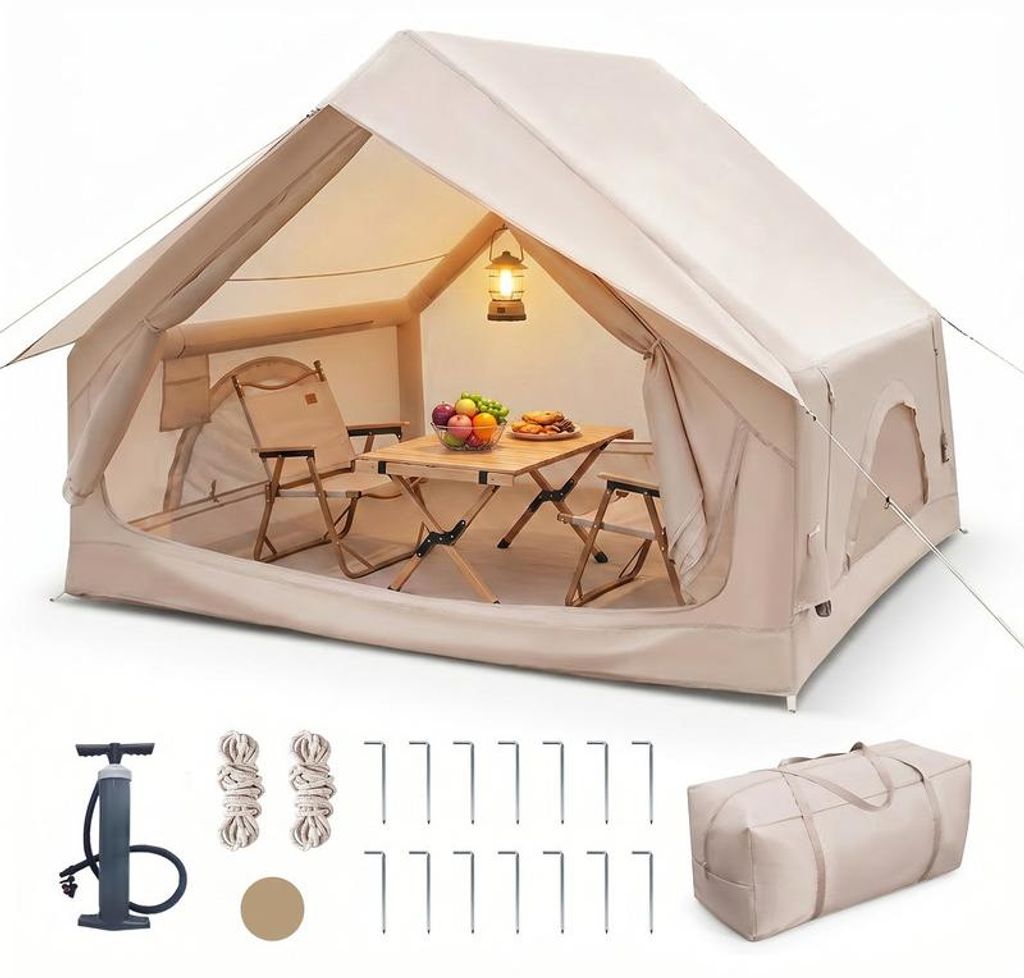 Aufblasbares Campingzelt für 2–8 Personen, wasserdichtes Oxford-Gewebe, Luftzelt mit Pumpe, schneller Aufbau, mit großem Eingang