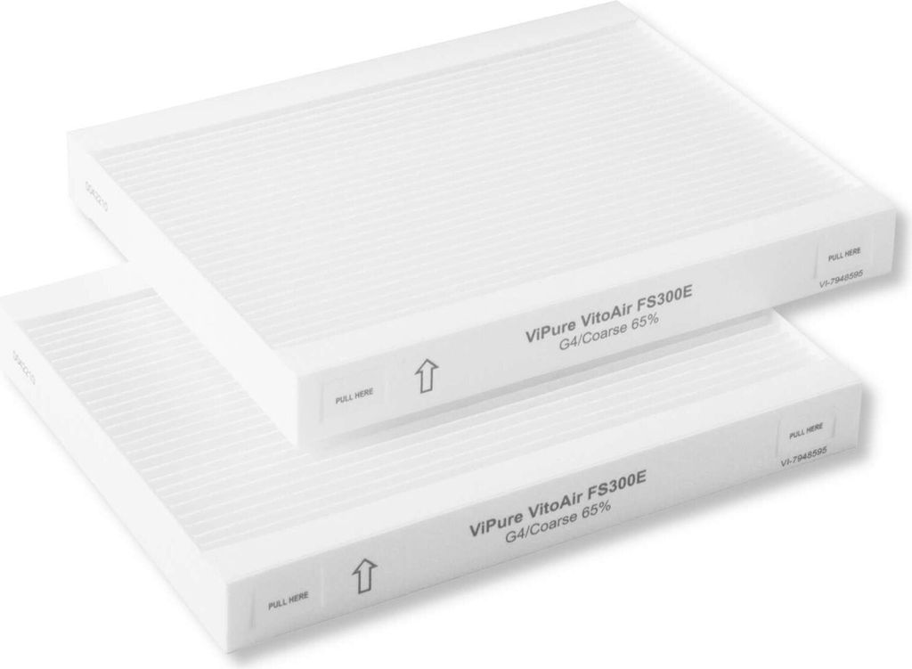 Two white air filters are stacked on top of each other against a white background.