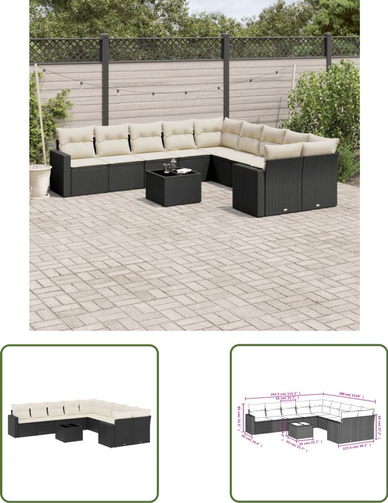 The Living Store 11-tlg. Garten-Sofagarnitur mit Kissen Schwarz Poly Rattan